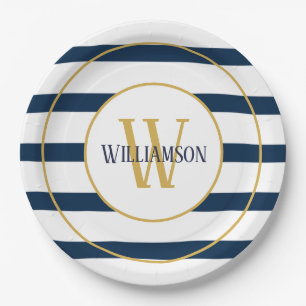 Name des Monogramms für Navy Nautic Stripes Pappteller