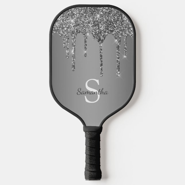 Name des Monogramms für Tropfen des Silver Glitzer Pickleball Schläger (Vorderseite)