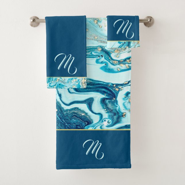 Name des Monogramms Luxe Aquamarin Ocean Blue Gold Badhandtuch Set (Insitu)