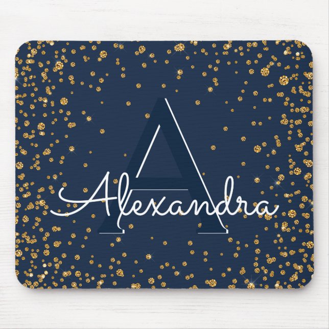 Name des Monogramms Navy Blue und Gold Confetti Mousepad (Vorne)