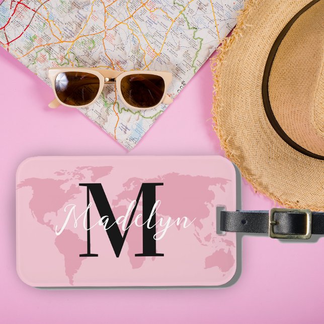 Name des Monogramms Pink Map World Traveller Gepäckanhänger (Von Creator hochgeladen)