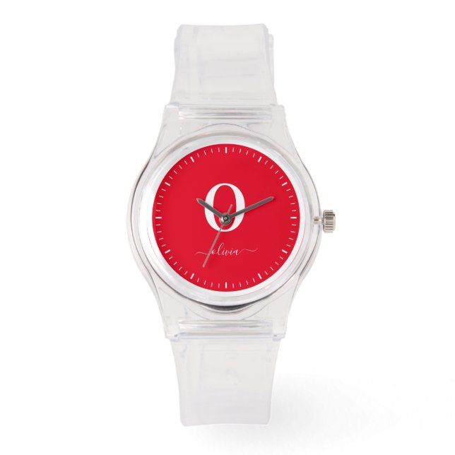 Name des Monogrammskripts Personalisiert rot und w Armbanduhr (Vorderseite)
