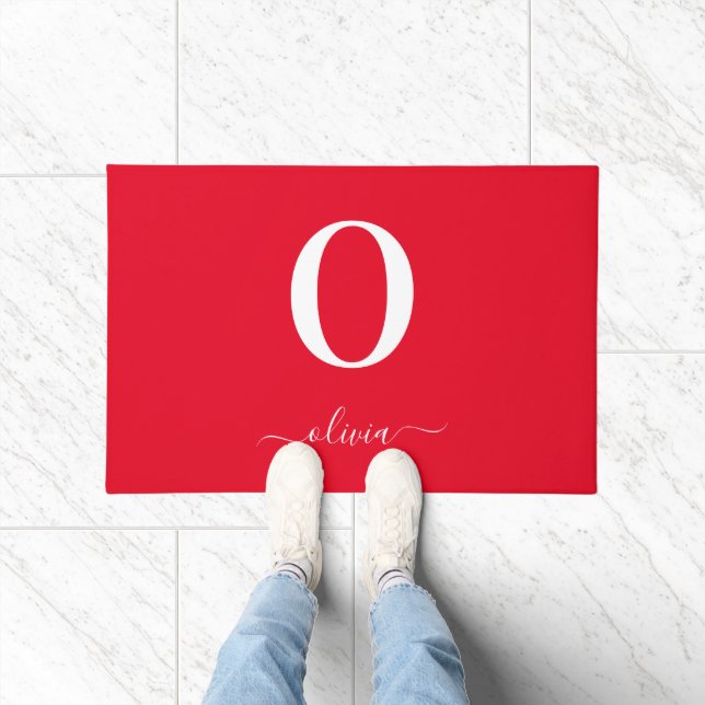 Name des Monogrammskripts Personalisiert rot und w Fußmatte (Indoor)