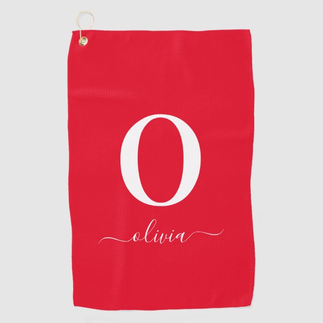 Name des Monogrammskripts Personalisiert rot und w Golfhandtuch (Vorderseite)