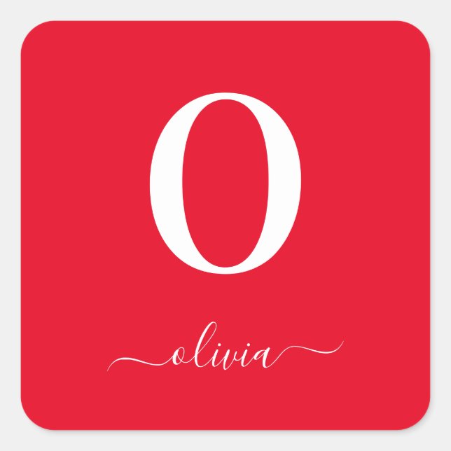 Name des Monogrammskripts Personalisiert rot und w Quadratischer Aufkleber (Vorderseite)