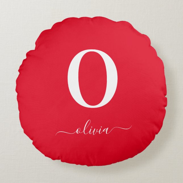 Name des Monogrammskripts Personalisiert rot und w Rundes Kissen (Vorderseite)