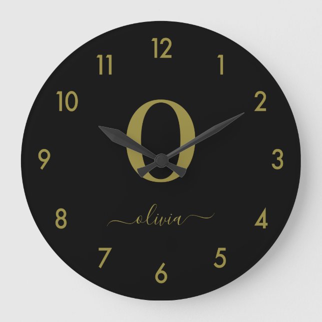 Name des Monogrammskripts Personalisiert Schwarz u Große Wanduhr (Vorderseite)