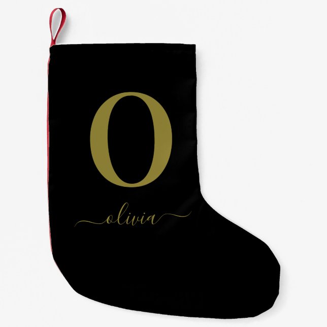 Name des Monogrammskripts Personalisiert Schwarz u Kleiner Weihnachtsstrumpf (Vorderseite)