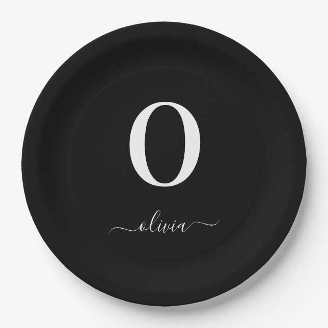 Name des Monogrammskripts Personalisiert schwarz u Pappteller (Vorderseite)