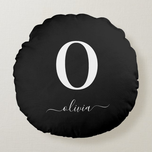 Name des Monogrammskripts Personalisiert schwarz u Rundes Kissen (Vorderseite)