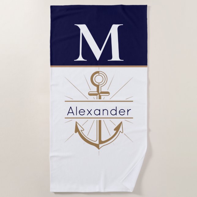 Name des Navy Blue Anchor Nautical Monogram Strandtuch (Vorderseite)
