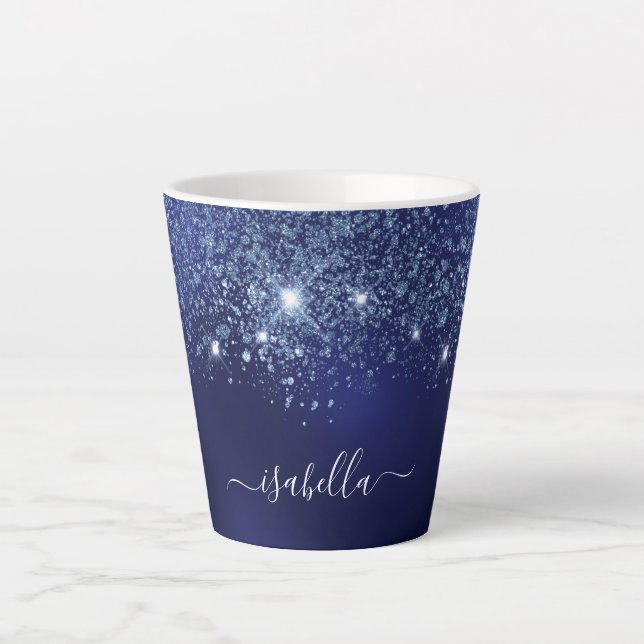 Name des Navy Blue Glitzer Monogram Skripts Milchtasse (Vorderseite)