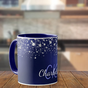 Name des Navy Blue Glitzer Monogram Skripts Tasse