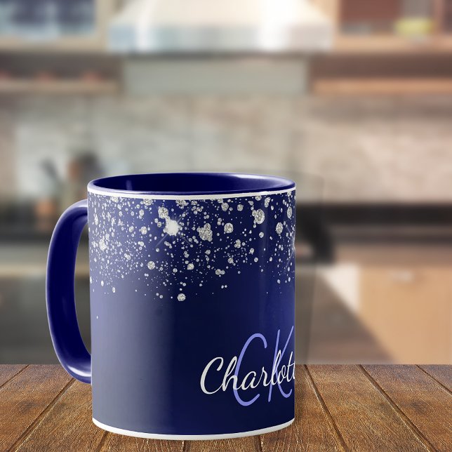 Name des Navy Blue Glitzer Monogram Skripts Tasse (Von Creator hochgeladen)