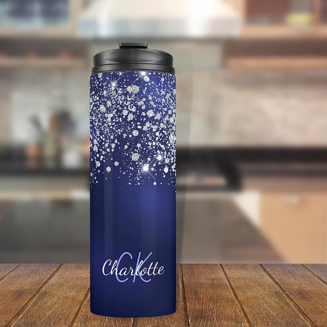 Name des Navy Blue Glitzer Monogram Skripts Thermosbecher (Von Creator hochgeladen)