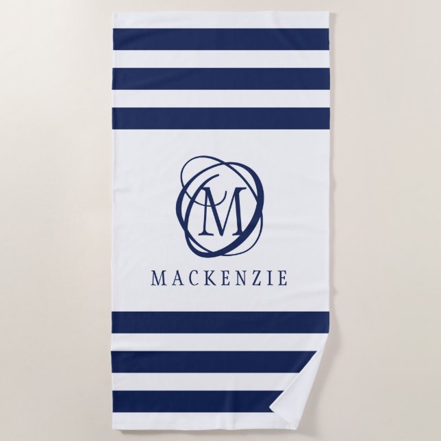 Name des Navy White Stripe Elegante Monogram Strandtuch (Vorderseite)