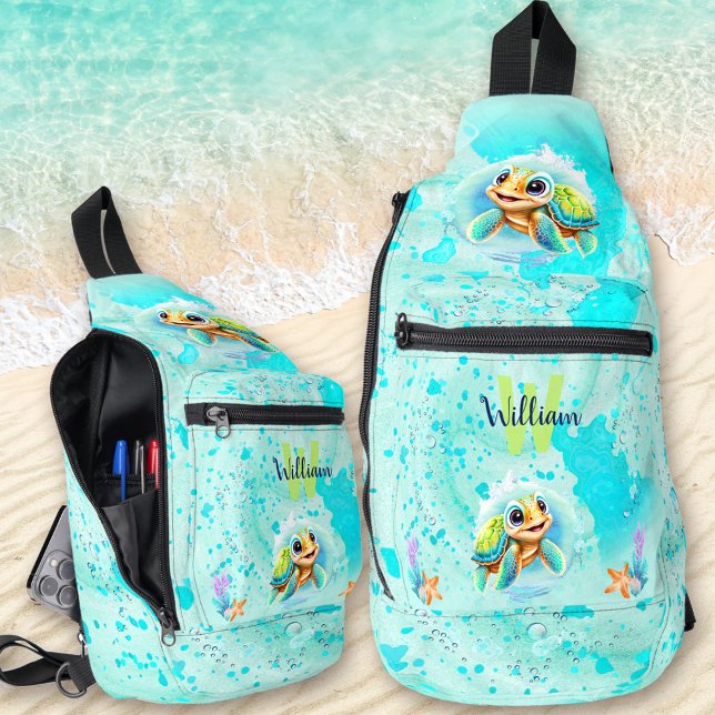 Name des niedlichen Meeresschildkrötenbodens Crossbody Bag (Cute Sea Turtle Boy Ocean Turquoise Monogram Name Sling Bag)