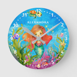 Name des niedlichen Monogramms Mermaid und Schildk Runde Wanduhr