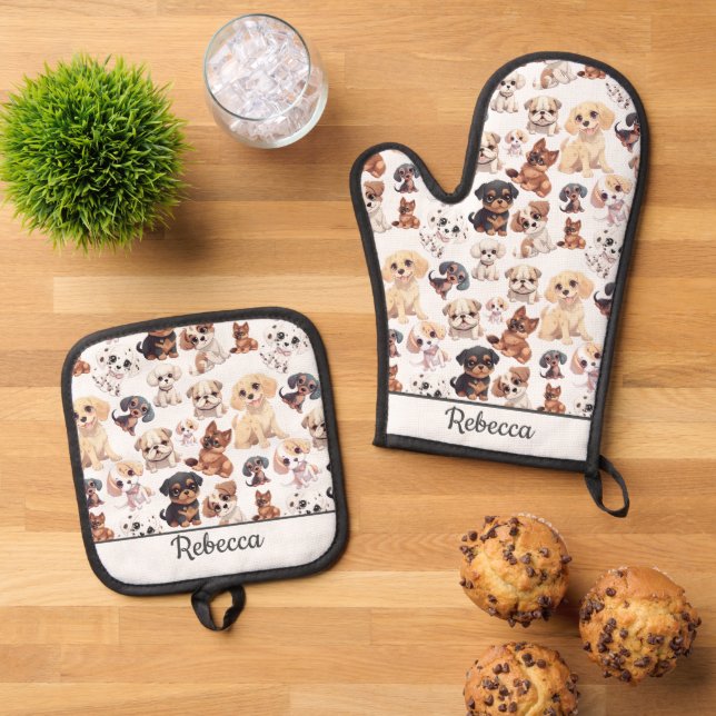 Name des niedlichen Welpen-Hundes Ofenhandschuh & Topflappen-Set (Oben Unten)