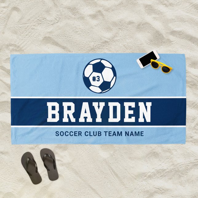 Name des personalisiert Navy Blue Soccer Players Strandtuch (Von Creator hochgeladen)