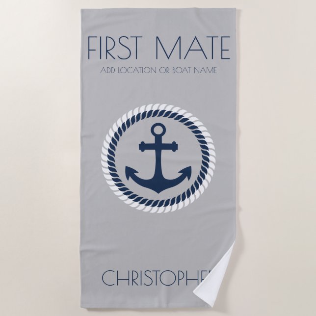 Name des personalisierten First Mate Nautical Anch Strandtuch (Vorderseite)