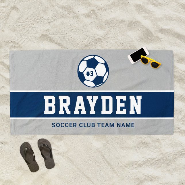 Name des personalisierten Navy Blue und Grau Socce Strandtuch (Von Creator hochgeladen)