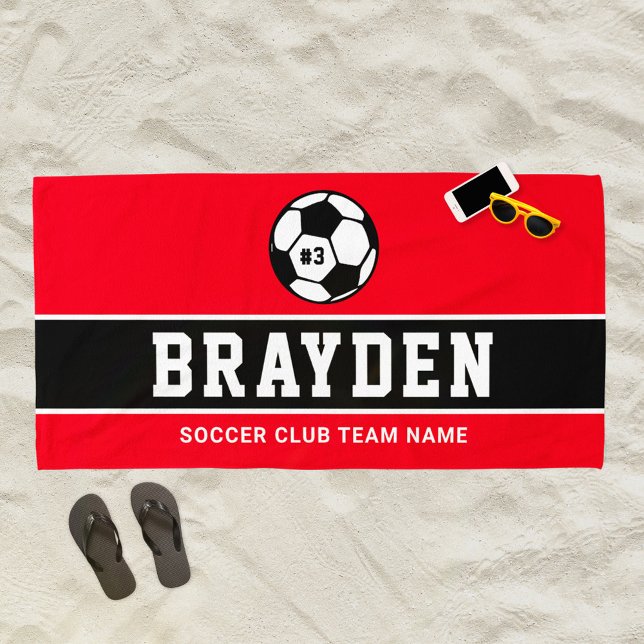 Name des personalisierten Red Soccer-Spielers Strandtuch (Von Creator hochgeladen)