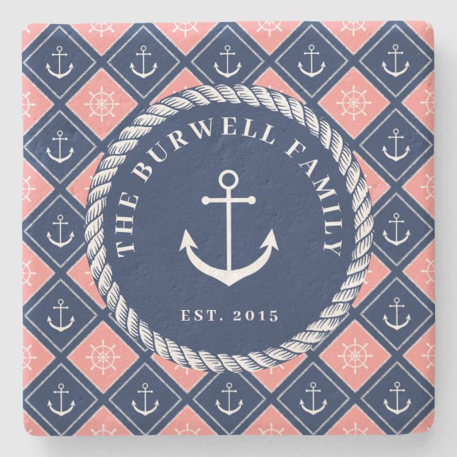 Name des Radmusters des rosa Navy-Anker-Schiffs Steinuntersetzer (Vorderseite)