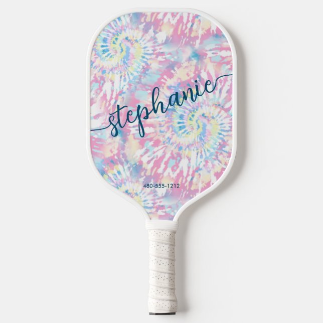 Name des rosa Gefärbte Krawatte-Skripts Pickleball Schläger (Vorderseite)