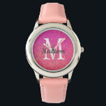 Name des rosa Glitzer Sparkgram Monogram Armbanduhr<br><div class="desc">Rosa Glitzer Sparkle Monogram Name Watch Designed with hübsch hellrosa und gold Imitat Hintergrund Glitzer und weiß Monogramm erste auf der Mitte. Personalisiert mit dem Namen in grauem Kalligraphieschrift Schrift. Das macht eine tolle Geschenkidee für ein Mädchen, das Glitzer Liebe. KLICKEN SIE AUF VORLAGENOPTION PERSONALISIEREN, EINTRAGEN SIE NAME UND MONOGRAMM...</div>