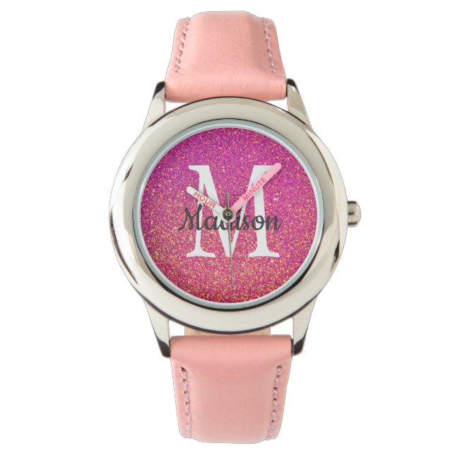 Name des rosa Glitzer Sparkgram Monogram Armbanduhr (Vorderseite)