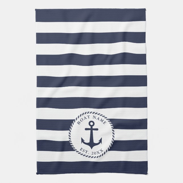 Name des Schiffes Anchor Navy Blue White Stripes N Geschirrtuch (Vertikal)