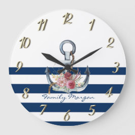  Name des Schiffes, Anker Blume Navy Blue Streifen Große Wanduhr