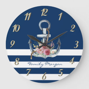 Name des Schiffes, Anker Blume Navy Blue Streifen Große Wanduhr