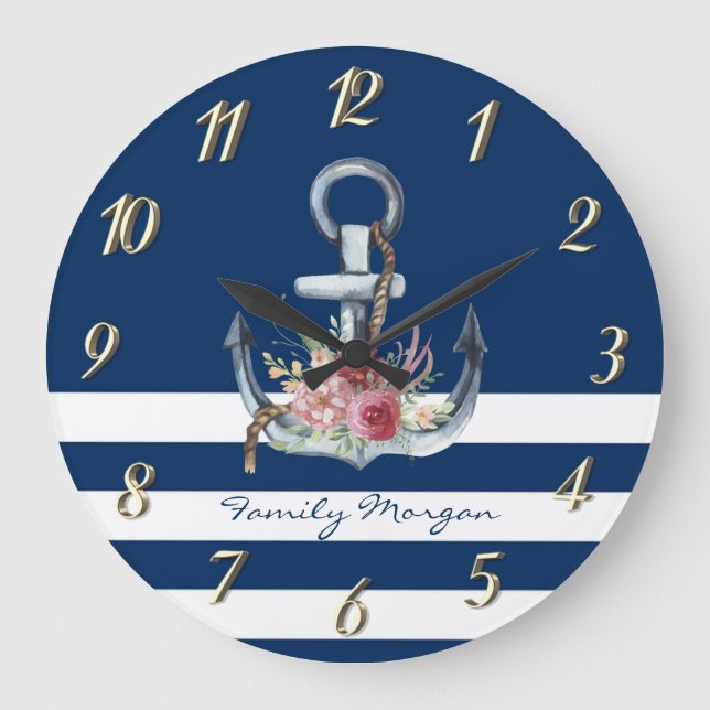 Name des Schiffes, Anker Blume Navy Blue Streifen Große Wanduhr (Vorderseite)