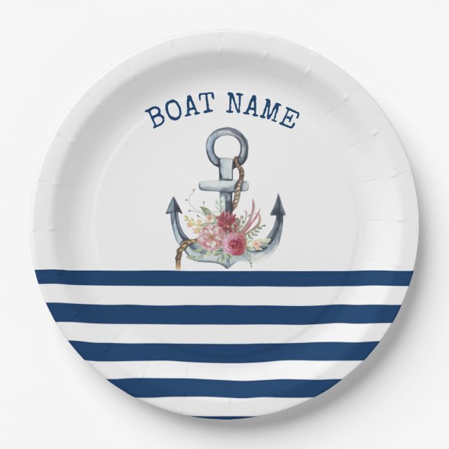 Name des Schiffes, Anker Blume Navy Blue Streifen Pappteller (Vorderseite)