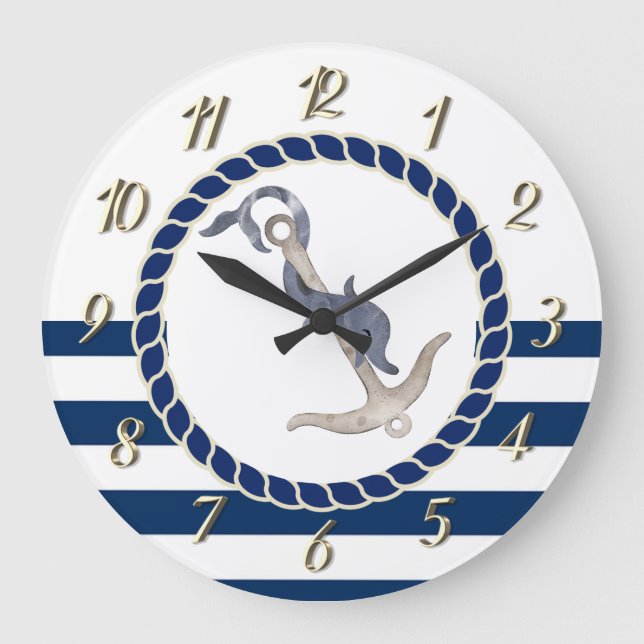 Name des Schiffes, Anker Delphin Blau gestrichen Große Wanduhr (Vorderseite)