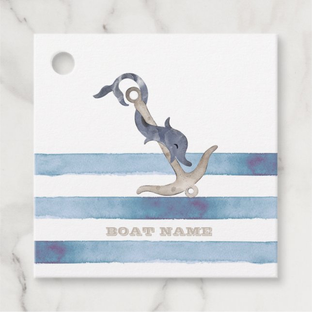 Name des Schiffes, Anker Delphin Light Blue Streif Geschenkanhänger (Vorderseite)