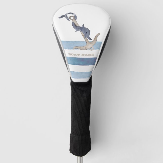 Name des Schiffes, Anker Delphin Light Blue Streif Golf Headcover (Vorderseite)