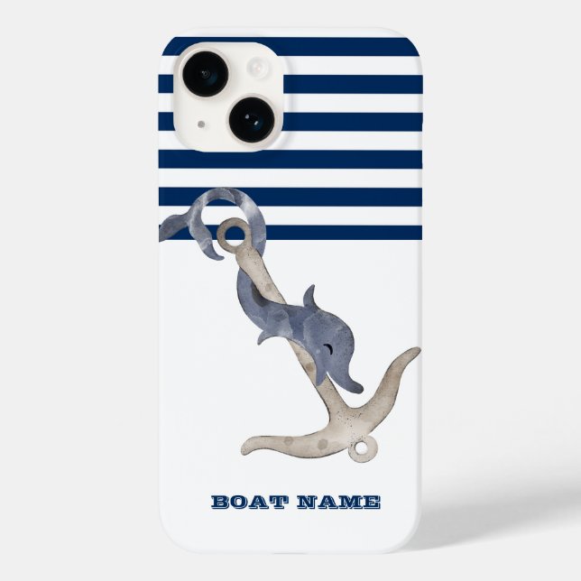 Name des Schiffes, Anker Delphin Navy Blue Strip Case-Mate iPhone Hülle (Rückseite)