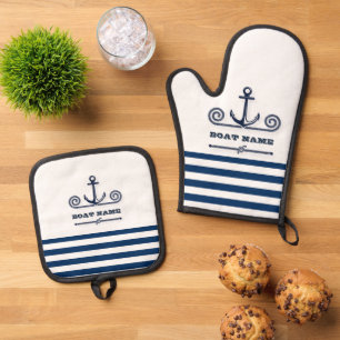 Name des Schiffes, Anker, Seil, Blaue Streifen der Ofenhandschuh & Topflappen-Set