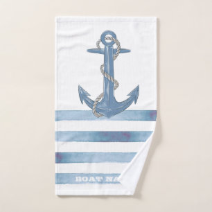 Name des Schiffes, Anker, Seile, Blaue Streifen Badhandtuch Set