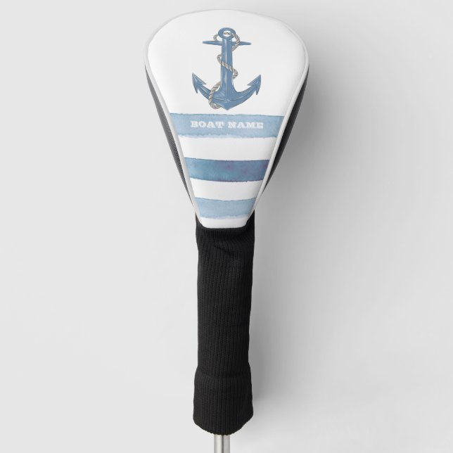 Name des Schiffes, Anker, Seile, Blaue Streifen Golf Headcover (Vorderseite)