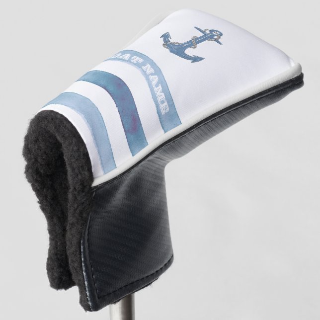 Name des Schiffes, Anker, Seile, Blaue Streifen Golf Headcover (3/4 Vorderseite)