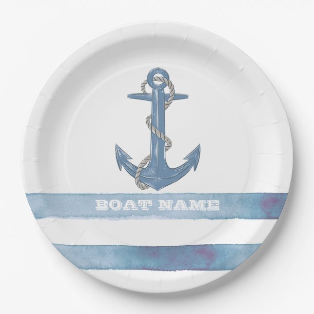 Name des Schiffes, Anker, Seile, Blaue Streifen Pappteller (Vorderseite)