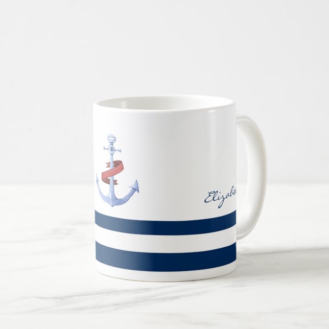 Name des Schiffes, Blaue Ankernacht, blau gestreif Kaffeetasse (VorderseiteRechts)