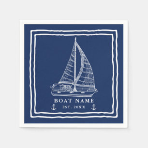 Name des Schiffes: Blaues weißes Segelboot der Mar Serviette