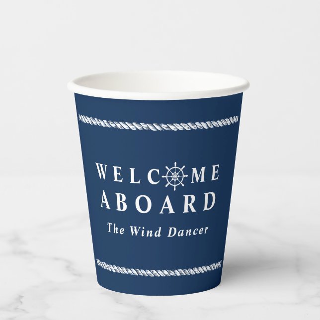Name des Schiffes "Blue Nautical Ship Name" an Bor Pappbecher (Vorderseite)