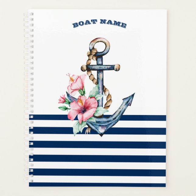 Name des Schiffes, Blumenanker, blaue Streifen der Planer (Vorderseite)