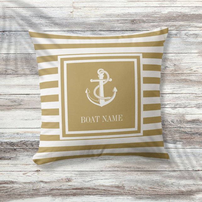 Name des Schiffes des Schiffes: Gold gestreift Kissen (Nautical Anchor Boat Name Gold Striped Throw Pillow)